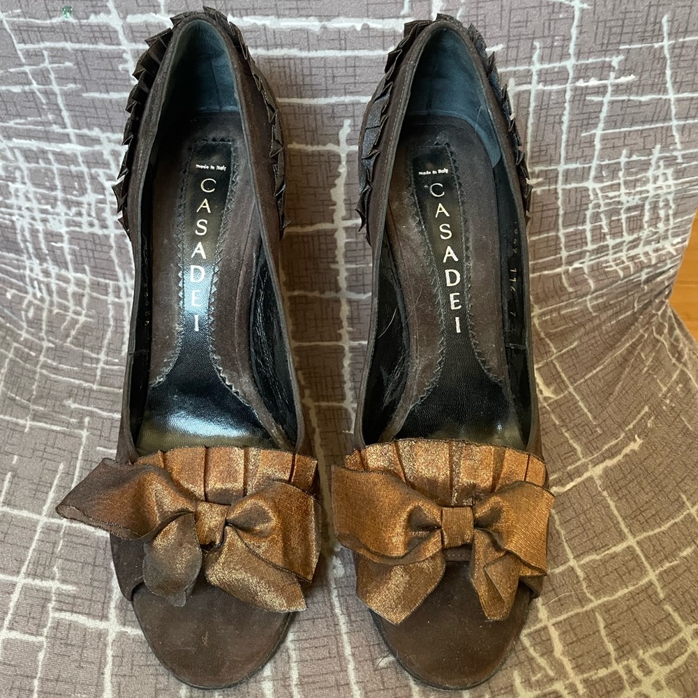 Casadei Dark Brown Wedges with Bow Accent